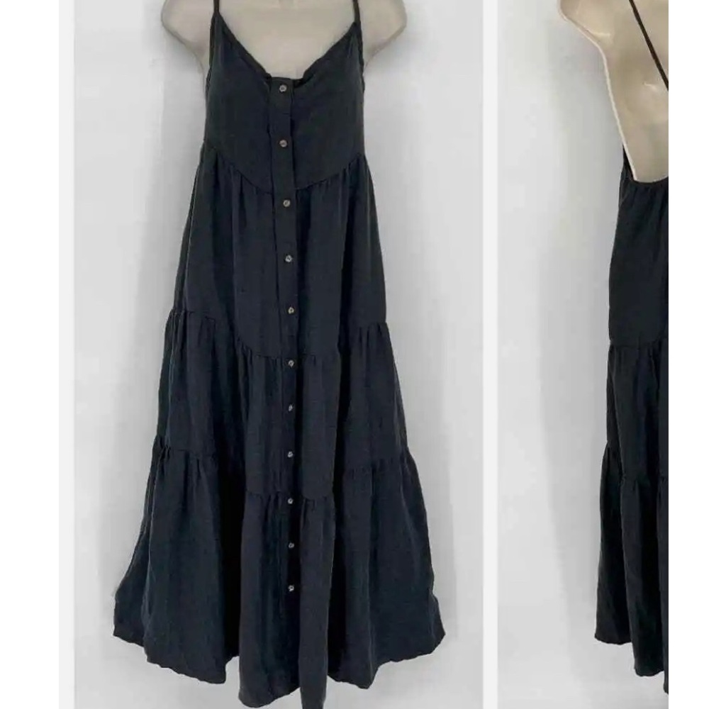 Anemos The Flounce Tiered Button Down Dress in Linen cupro Size Small NAVY